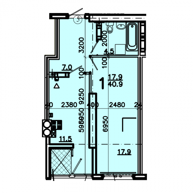 Планировка 1-комнатной квартиры в корпусе 9.1 ЖК Омега 2А в Севастополе